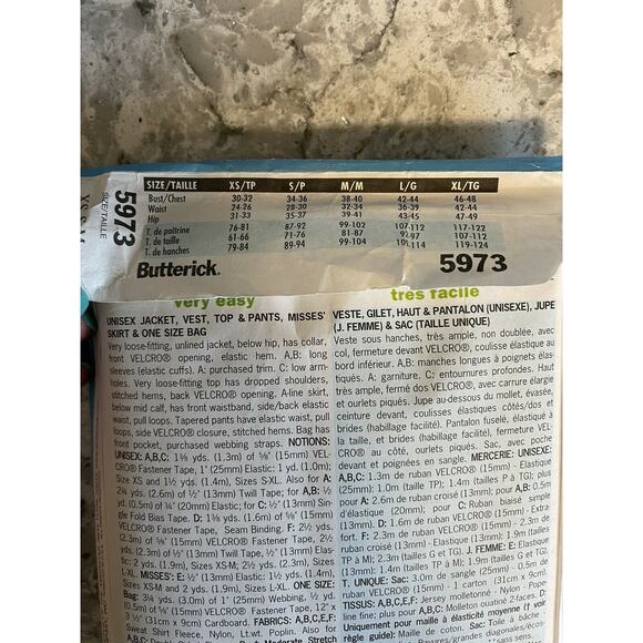 Butterick 5973 Pattern SPECIAL NEEDS Unisex JACKET VEST TOP SKIRT Misses XS-S-M - Picture 3 of 3